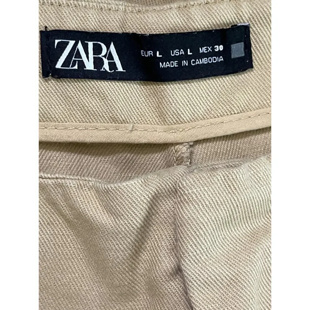 Zara Women’s Cotton Linen Wide Leg Trousers Khaki Tan Size Large High Rise